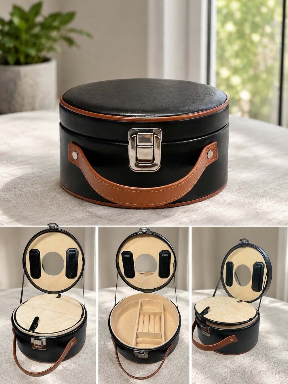 Wolf Designs Black and Brown Round Travel Jewelry Box Organizer with Mirror